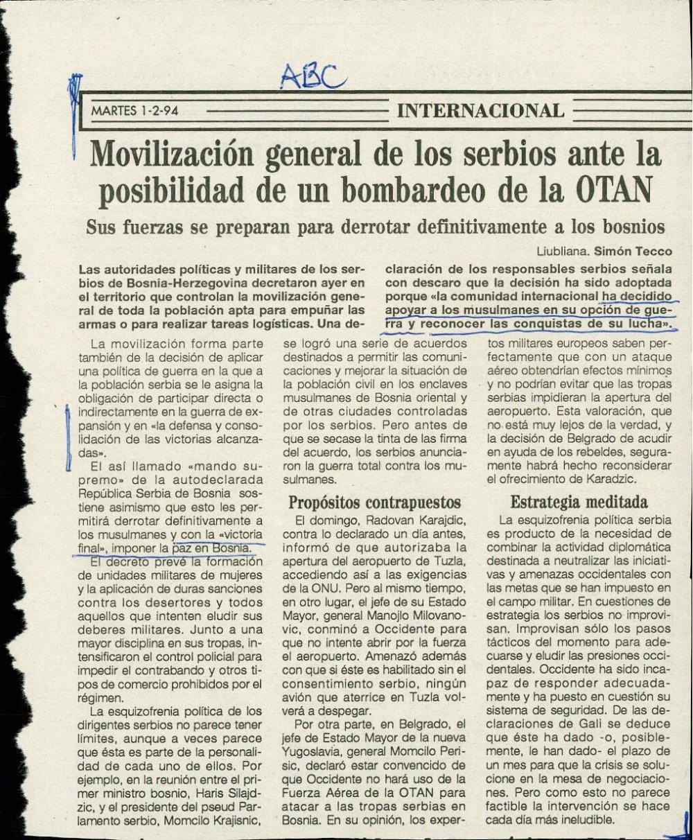 Movilización general de los serbios ante la posibilidad de un bombardeo de la OTAN