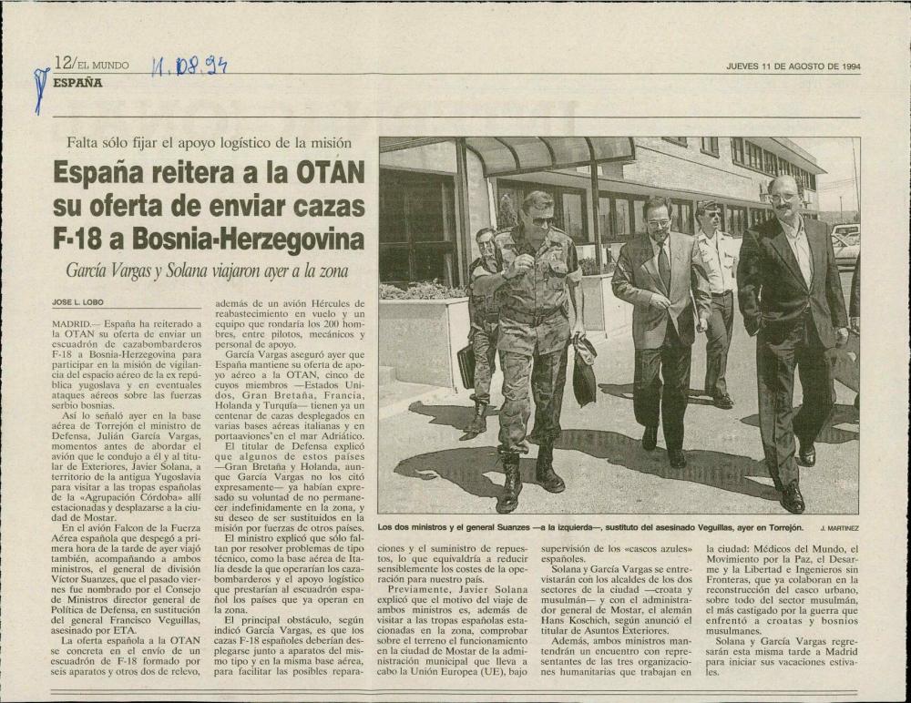 España reitera a la OTAN su oferta de enviar cazas F-18 a Bosnia-Herzegovina