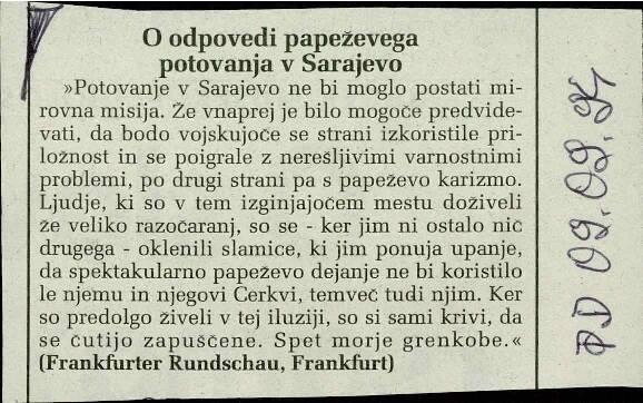 O odpovedi papeževega  potovanja v Sarajevo