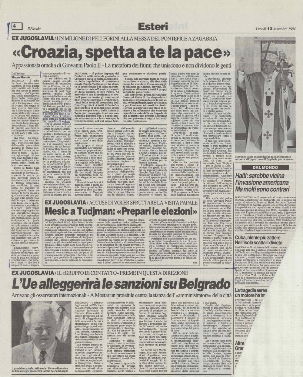 «Croazia, spetta a te la pace» - nosilna