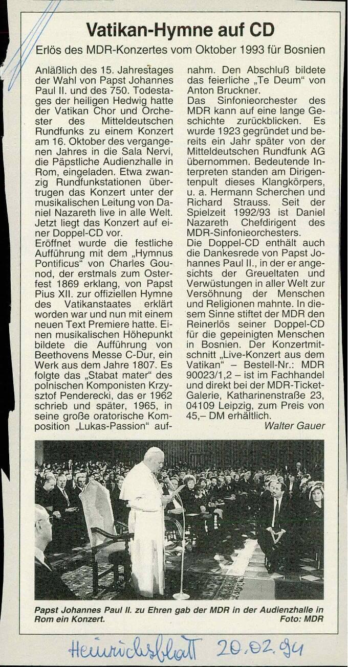 Vatikan-Hymne auf CD - nosilna