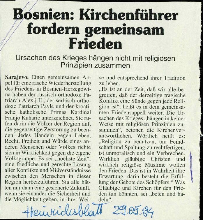 Bosnien: Kirchenführer fordern gemeinsam  Frieden