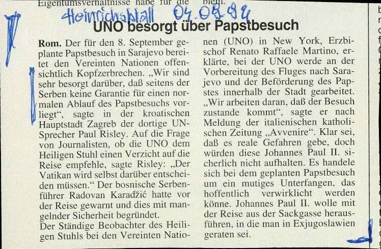 UNO besorgt über Papstbesuch