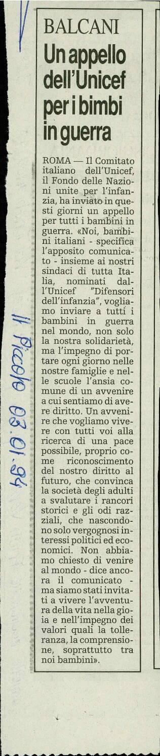 Un appello dell'Unicef per i bimbi in guerra