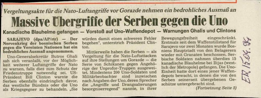 Massive Übergriffe der Serben gegen die Uno