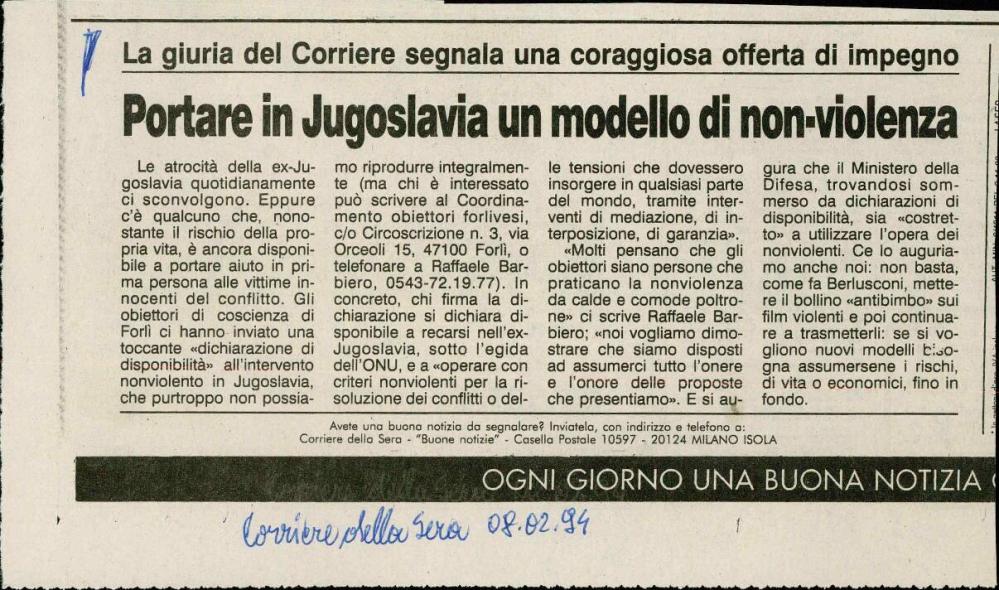 Portare in Jugoslavia un modello di non-violenza