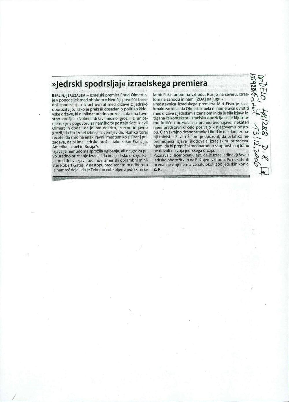 "Jedrski spodrsljaj" izraelskega premier... - nosilna