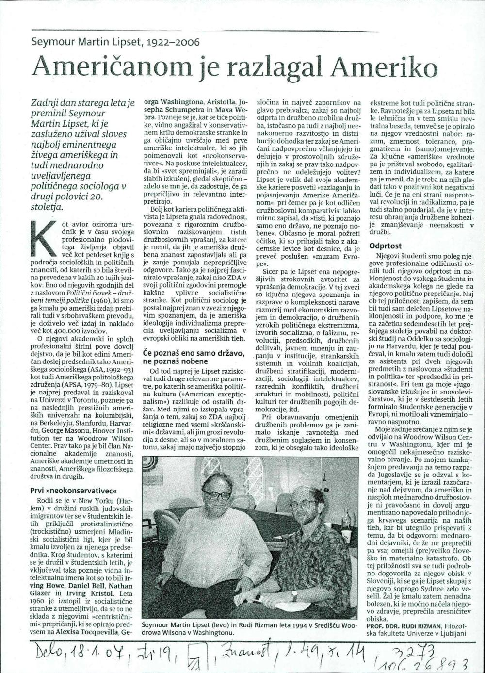 Američanom je razlagal Ameriko : Seymour Martin Lipset, 1922-2006