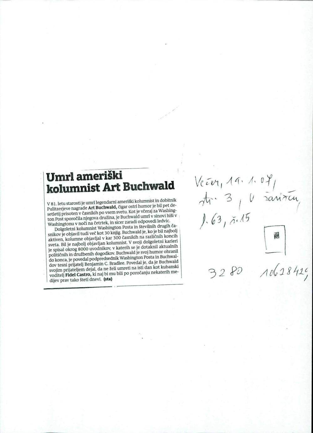 Umrl ameriški kolumnist Art Buchwald