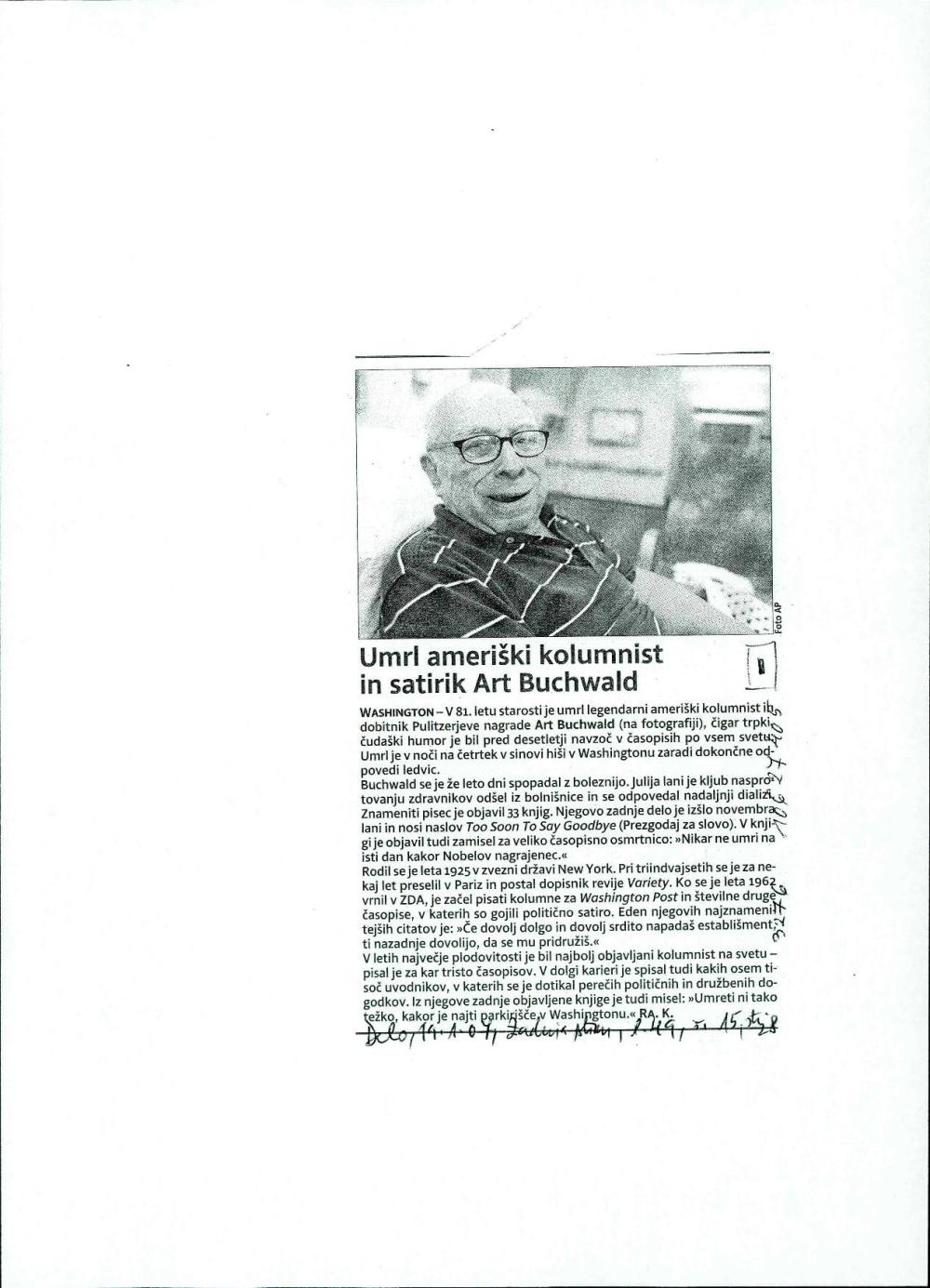 Umrl ameriški kolumnist in satirik Art Buchwald