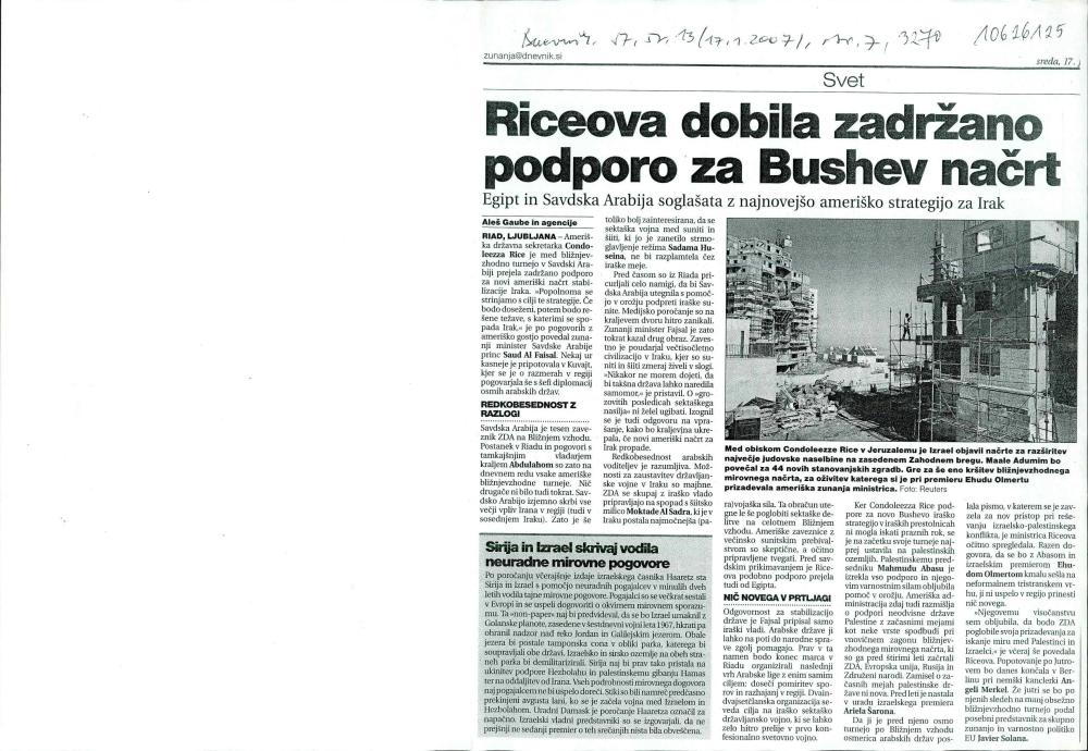 Riceova dobila zadržano podporo za Bushev načrt : Egipt in Savdska Arabija soglašata z najnovejšo ameriško strategijo za Irak
