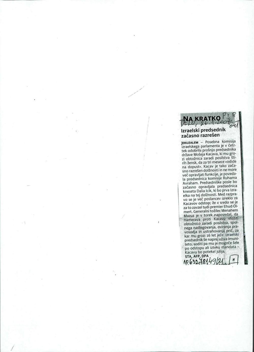 Izraelski predsednik začasno razrešen